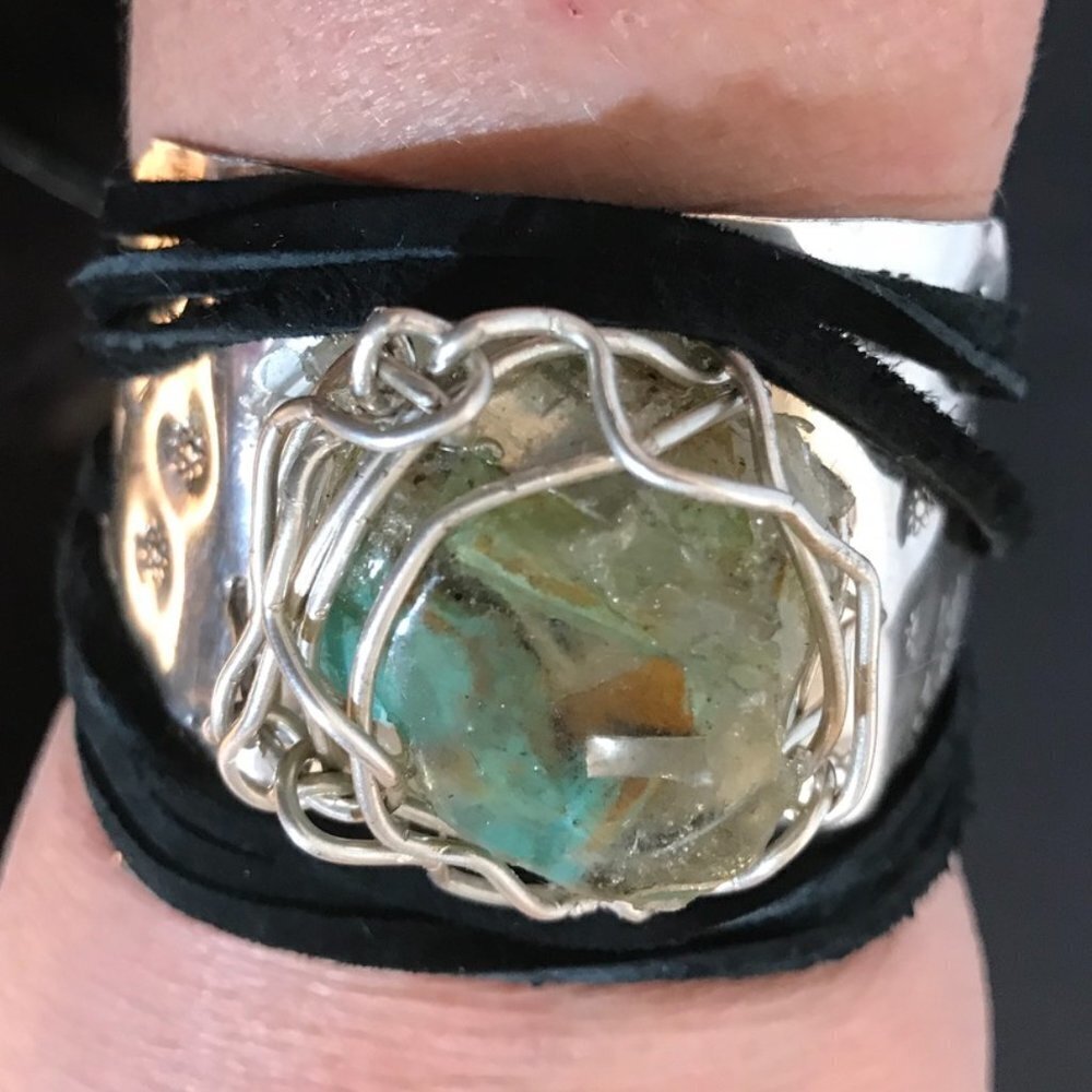 Genuine Turquoise Herkimer Diamond Sterling Silver 925 Cuff Ketoh Reiki Leather